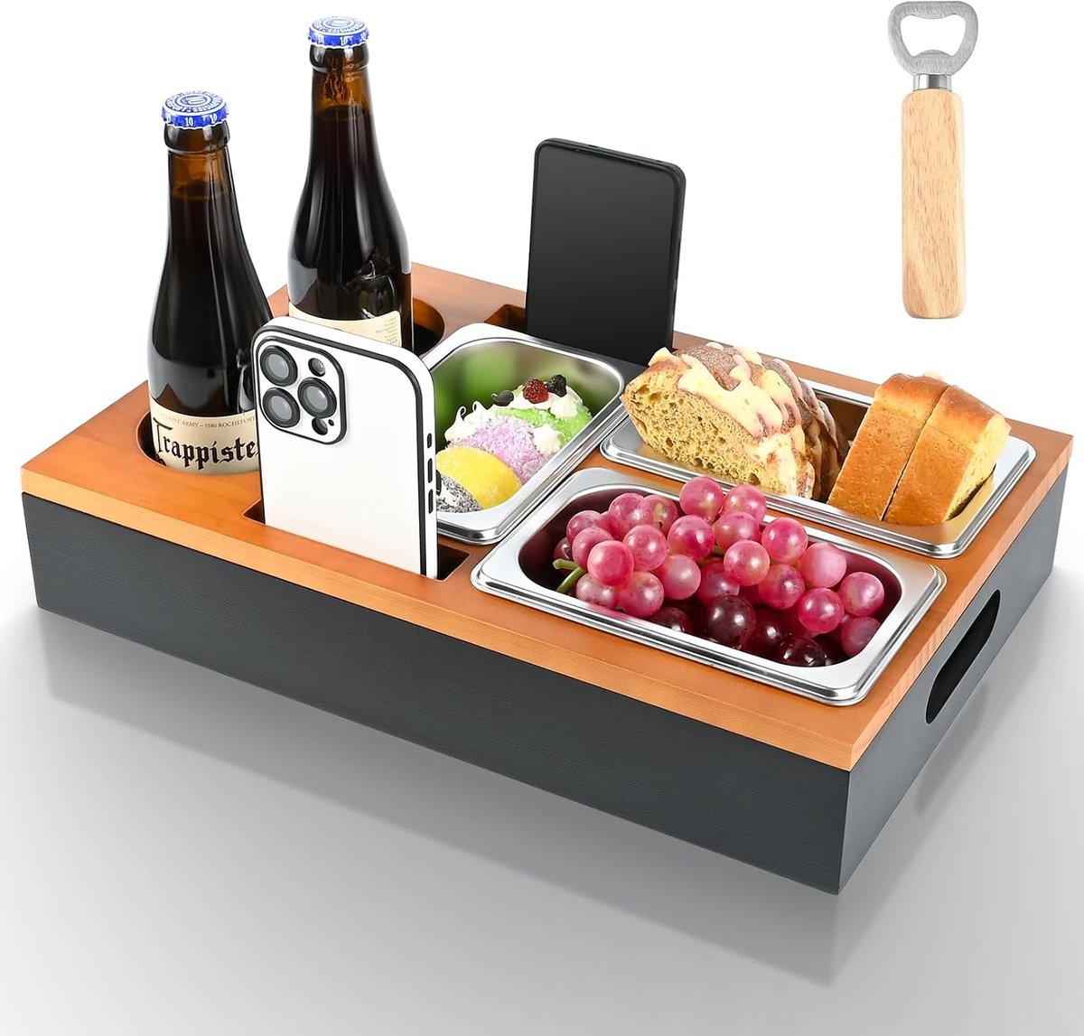 Bankbar Snackbox, praktisch dienblad met drie snackschalen en meerdere opslagplaatsen, afneembare snackbox, bankorganizer, cadeau voor mannen en vrouwen