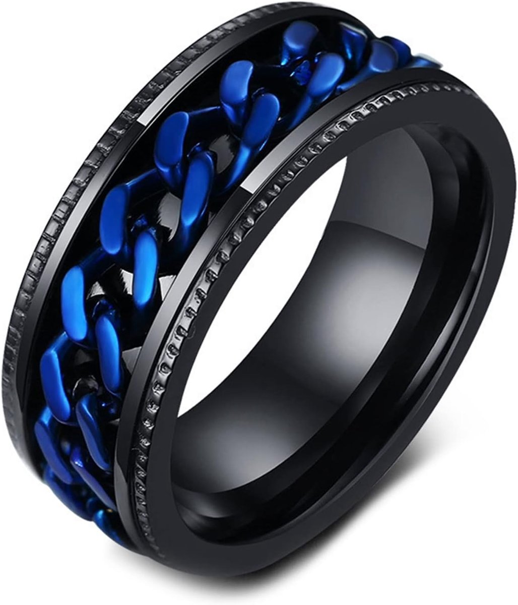 Angstring, 8 mm, draaibare ringketting, zilver/zwart/blauw, voor heren, roestvrij staal, anti-stress-ring