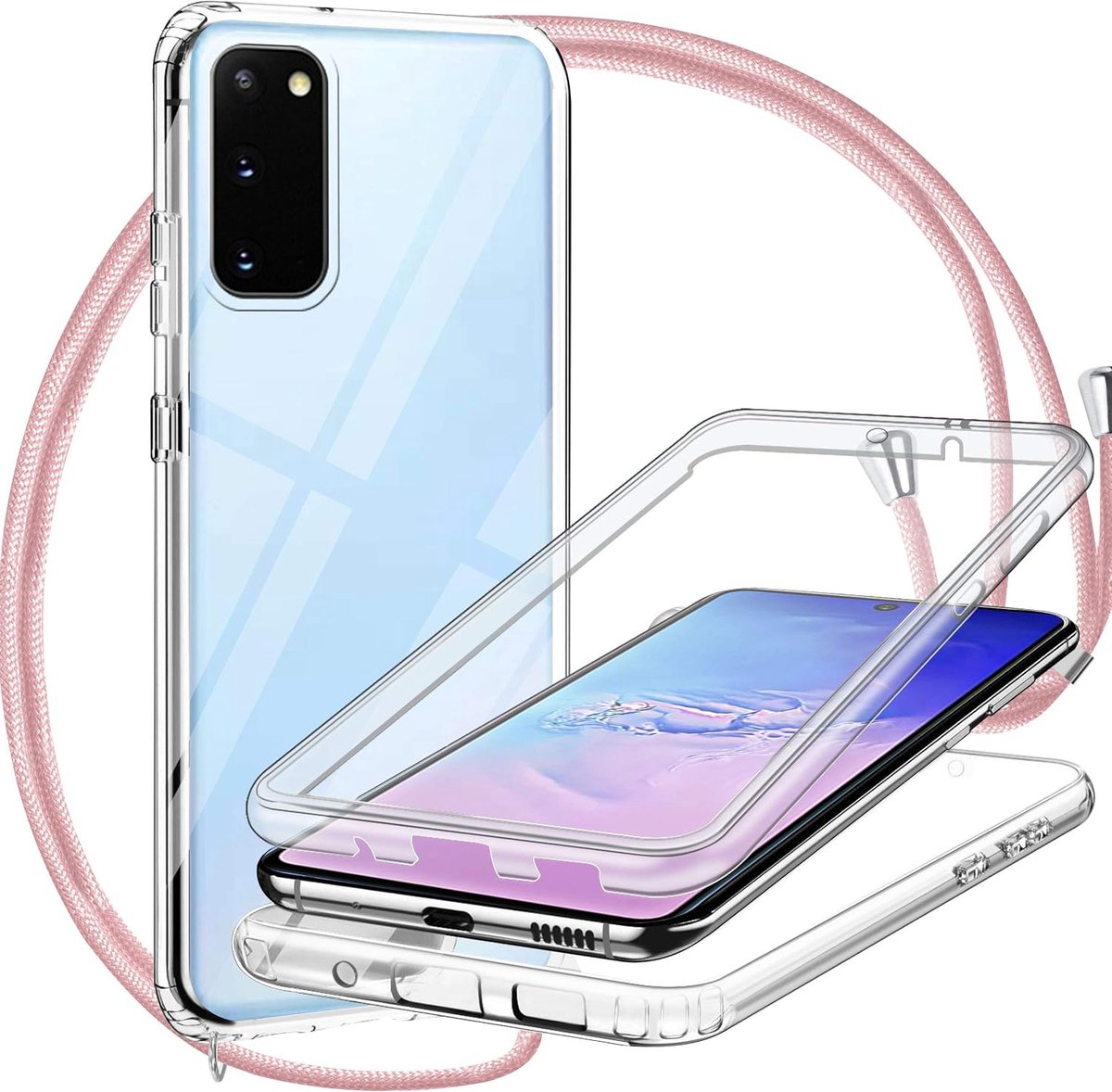 Case voor Samsung Galaxy S20 FE, 360° Dual Layer PC+TPU Transparante Full Body Beschermende Gevallen Ingebouwde Touch Gevoelige Screen Protector, Verstelbare Lanyard Ketting Telefoonhoes -Rose Goud