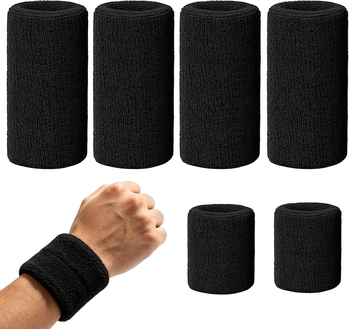 6 stuks polszweetband, elastische zweetband, pols zweetbanden, sport wristbands arm voor mannen vrouwen heren dames fitness voetbal tennis (zwart)