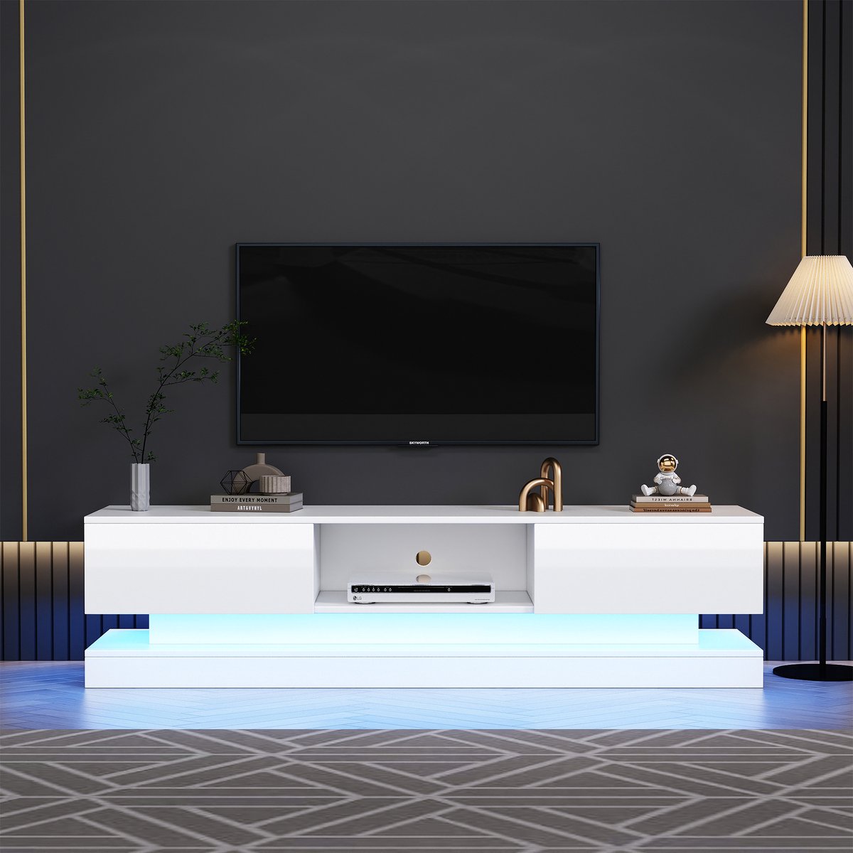 Hoogglans tv meubel met LED-verlichting - Voor woonkamer - 160 cm breed - Wit - 2 lades - App-bestuurbare sfeerverlichting - Anti-kip ontwerp - Geschikt voor 60 inch tv