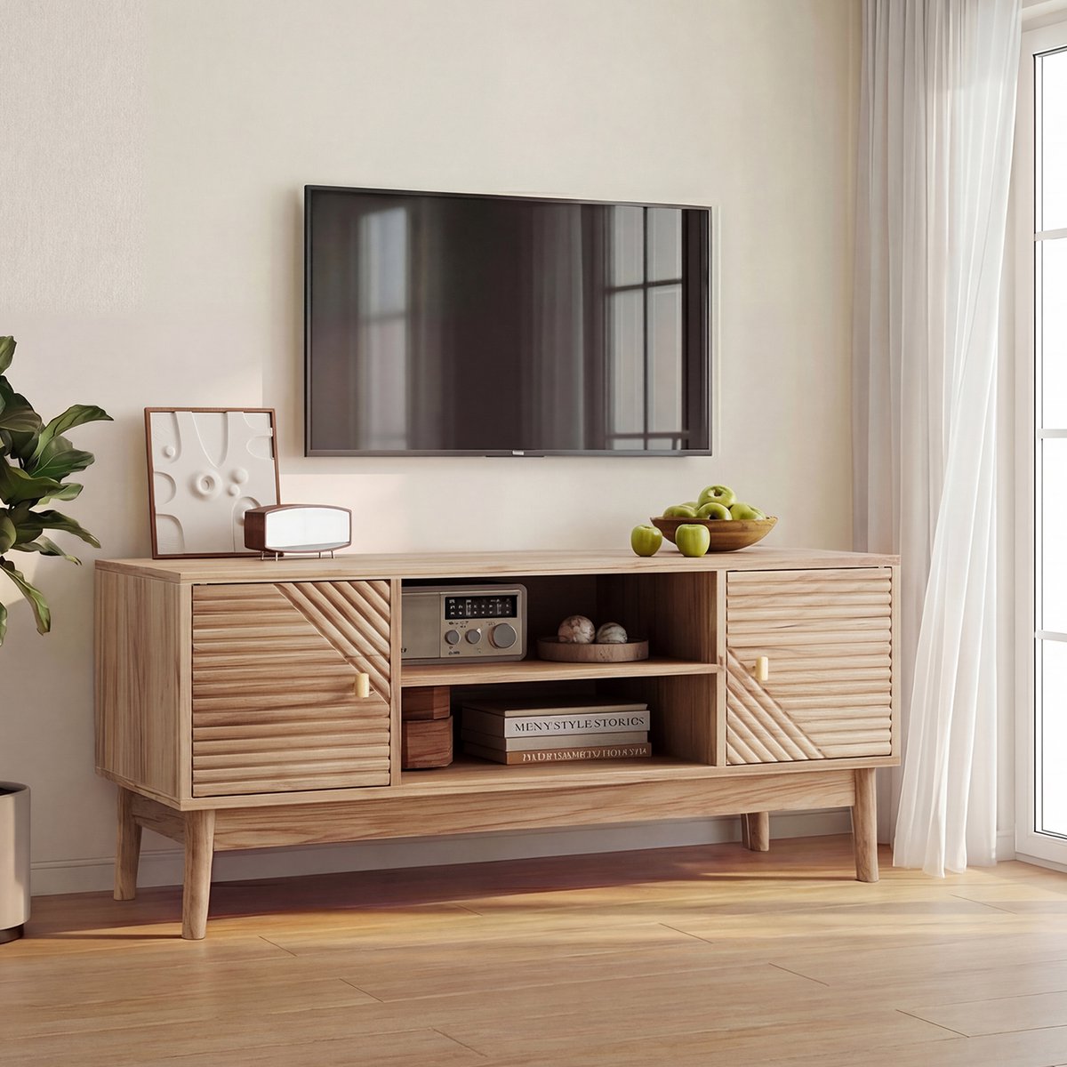tv meubel Eiken Mid-Century 110x40x48 cm - Rasterdeuren en metalen grepen - Soft-close scharnieren en kabeldoorvoer - Massief houten poten - Geschikt voor 32-45 inch tv's