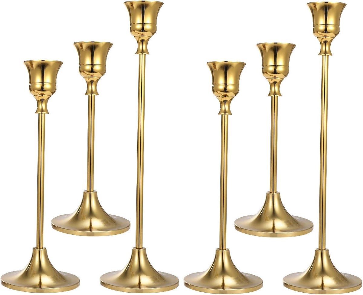 Set of 6 Gold Taper Candle Holders Decorative Candlestick Holder for Home Decor, Wedding, Dinning, Party, Anniversary