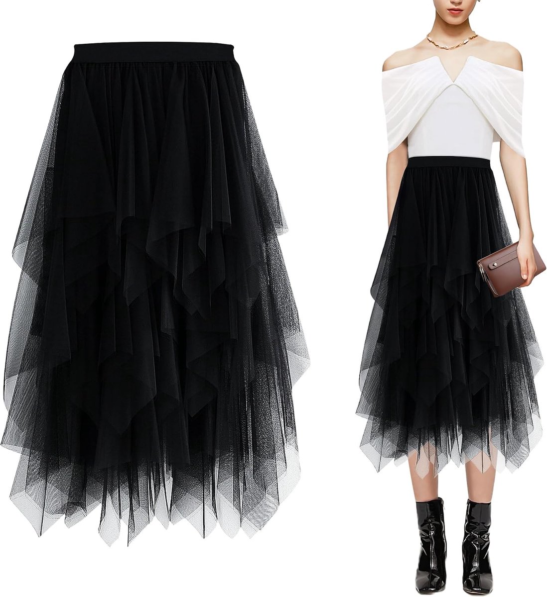 Rok voor dames, elastisch, onregelmatige mesh, plooirok, carnavalskostuum, elegante hoge taille, tule rok, A-lijn, tutu, midi-rok met gevoerde gelaagde rok, carnaval en feest