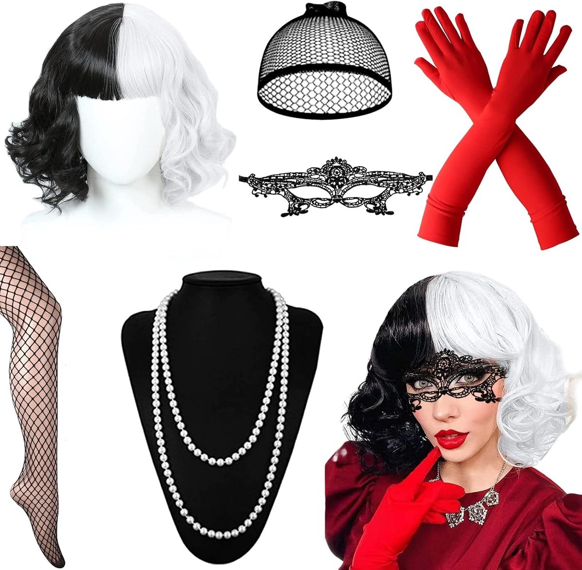 7 stuks Halloween Cruella kostuum voor dames, zwart-witte pruik, duivels-accessoireset met korte pruiken, kanten masker, handschoenen, halsketting, netkousen voor cosplay, carnaval, feest