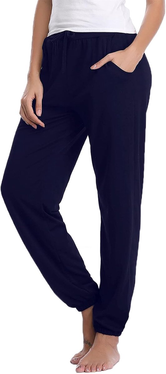 Pyjamabroek voor dames, katoen, lange joggingbroek, sportbroek, sweatpants, vrijetijdsbroek, huispak, nachtkleding, marineblauw, M