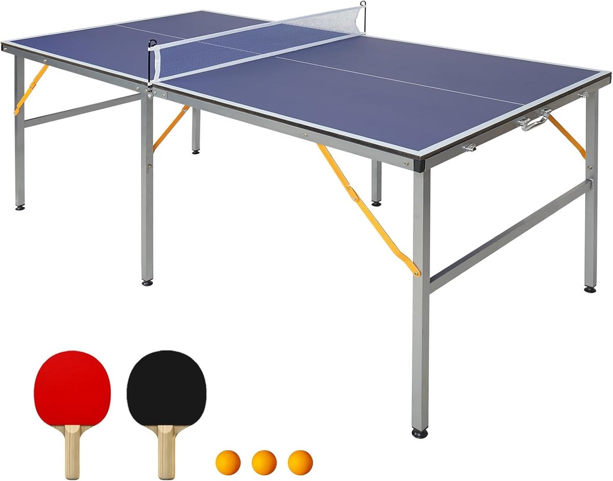 182 x 91 cm opvouwbare tafeltennistafel en draagbare Mid-size ping pong tafelset voor binnen en buiten spelen met net, 2 tafeltennisbatjes en 3 ballen