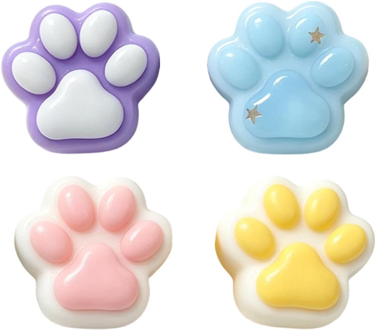 Squishy bal, 4 stuks, kawaii, anti-stress fidget toys, maat 3,5 cm, kleuren wit-roze, wit-geel, wit-blauw, paars-wit