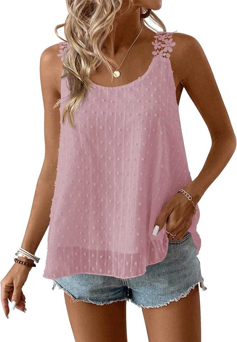 Tanktop voor dames, zomer, boho, blouse, mouwloos, ronde hals, bloemen, elegant, vloeiend, casual, kant, outfits
