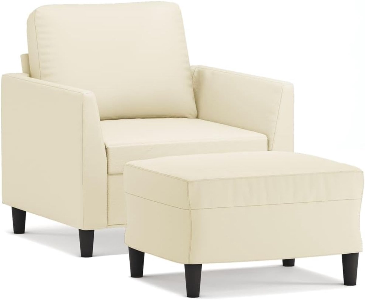 Fauteuil met kruk, crème, 60 cm, kunstleer, woonkamerbank, kantoorbank, slaapkamerbank, loungebank voor woonkamer, slaapkamer, logeerkamer