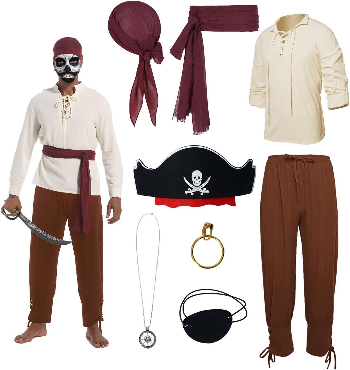 Piratenkostuum voor heren, middeleeuwse kleding voor heren, met middeleeuws hemd, broek, piratenbandana, riem, oogklep, halsketting, oorbellen, voor Halloween en carnaval