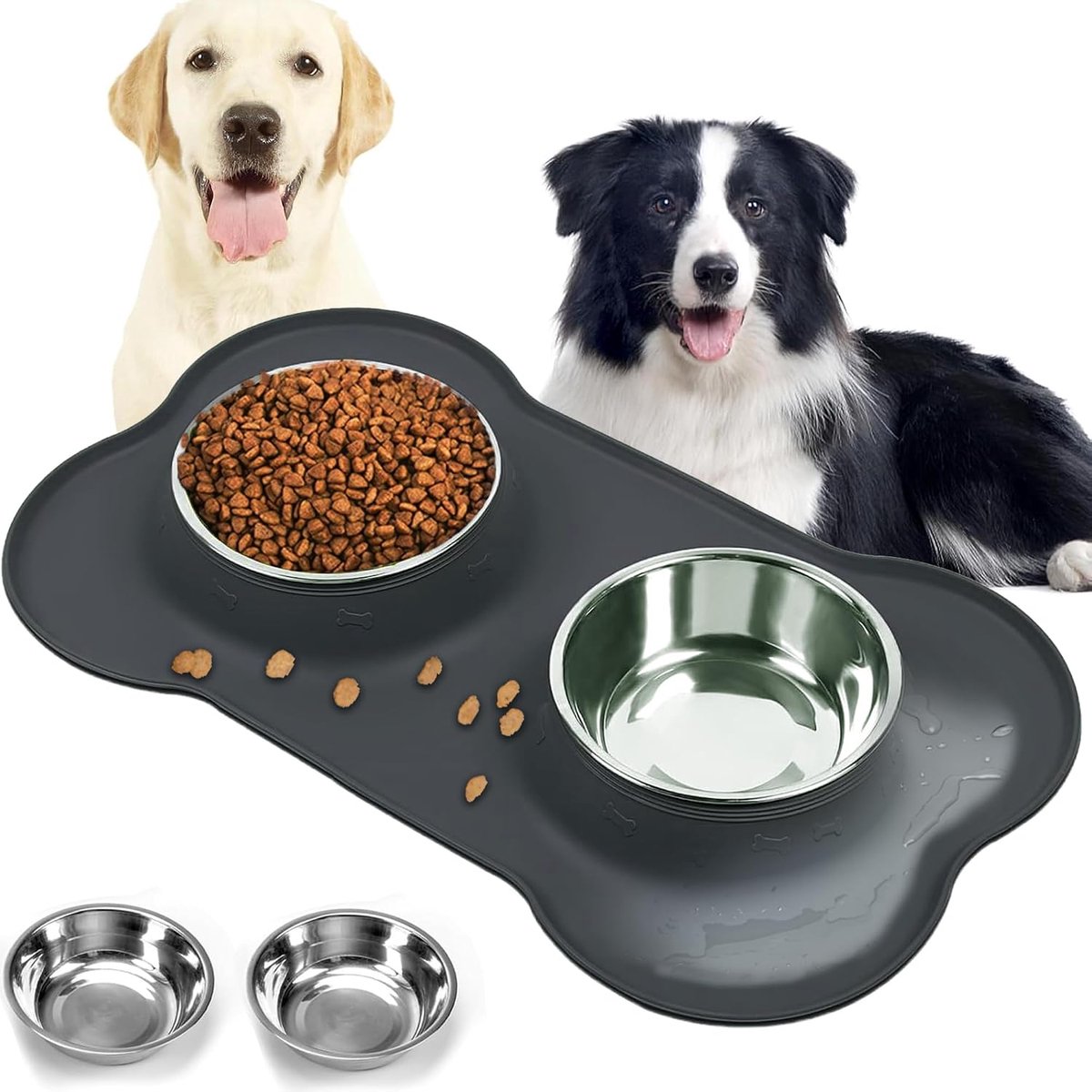 Dubbele bak van roestvrij staal, hondenbak met siliconen mat, gemakkelijk te reinigen, dubbele bak voor kleine en middelgrote honden en katten, zwart