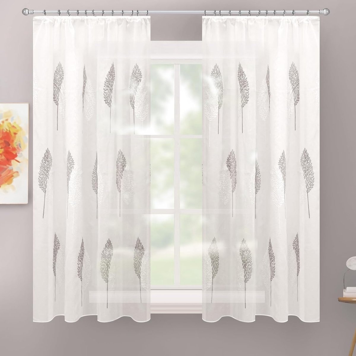 Lifestyle Gordijn met plooiband, 140x145 cm, halftransparant, bladpatroon in grijs, set van 2, wit