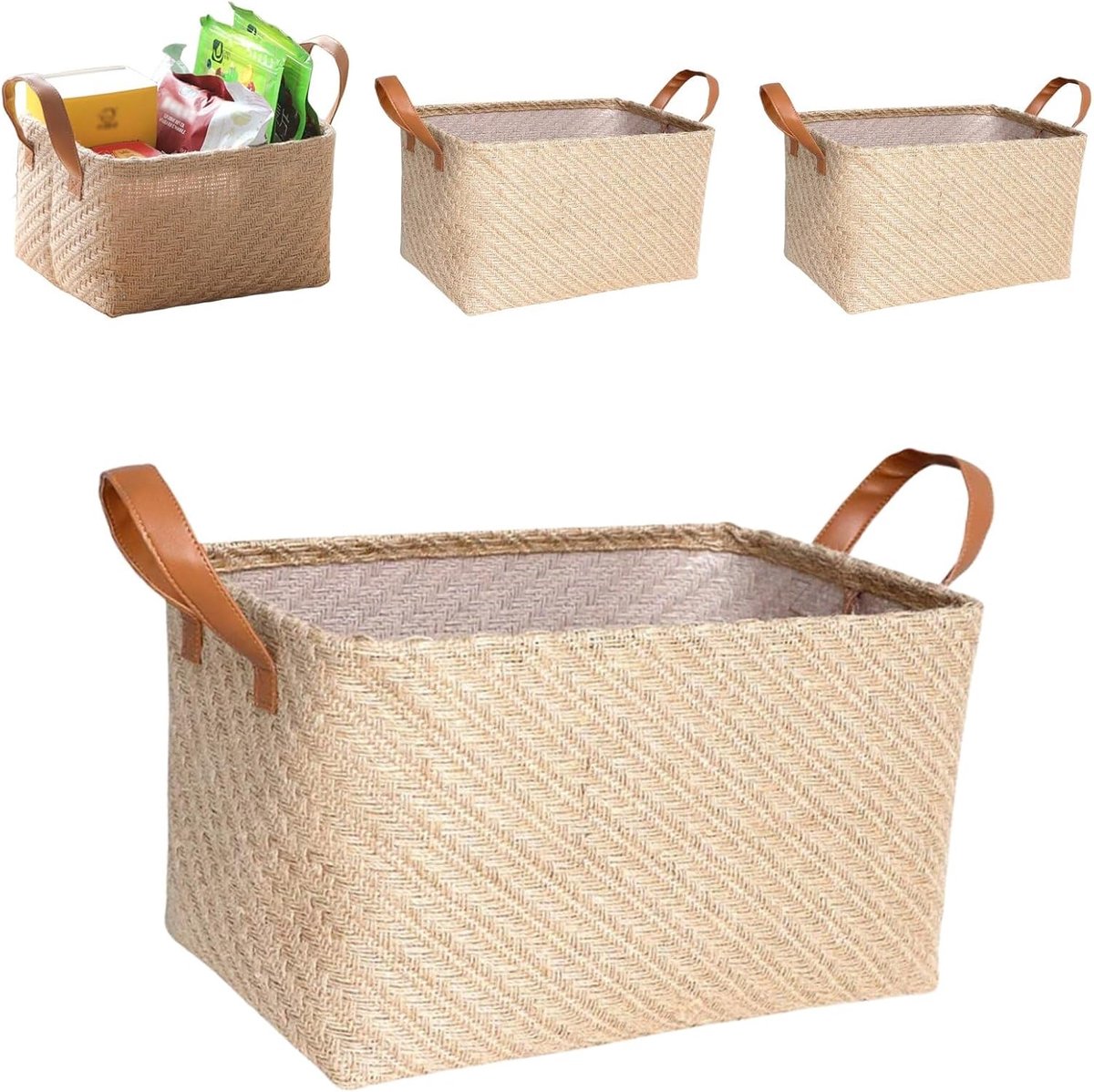 Opbergmanden, 4 stuks, natuurlijke linnen geweven organizer box met handvat voor speelgoed, kleding, slaapkamer (beige, klein)