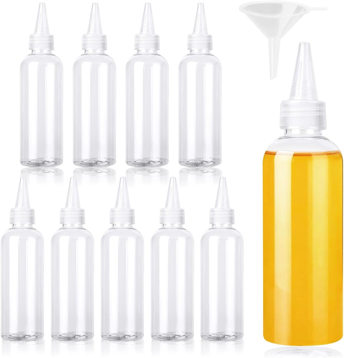100 ml knijpflessen kunststof, 10 stuks knijpflessen, doseerfles, spuitflessen met trechter voor vloeistoffen, olie, saus, pigmentbewaarflessen, dressingshaker