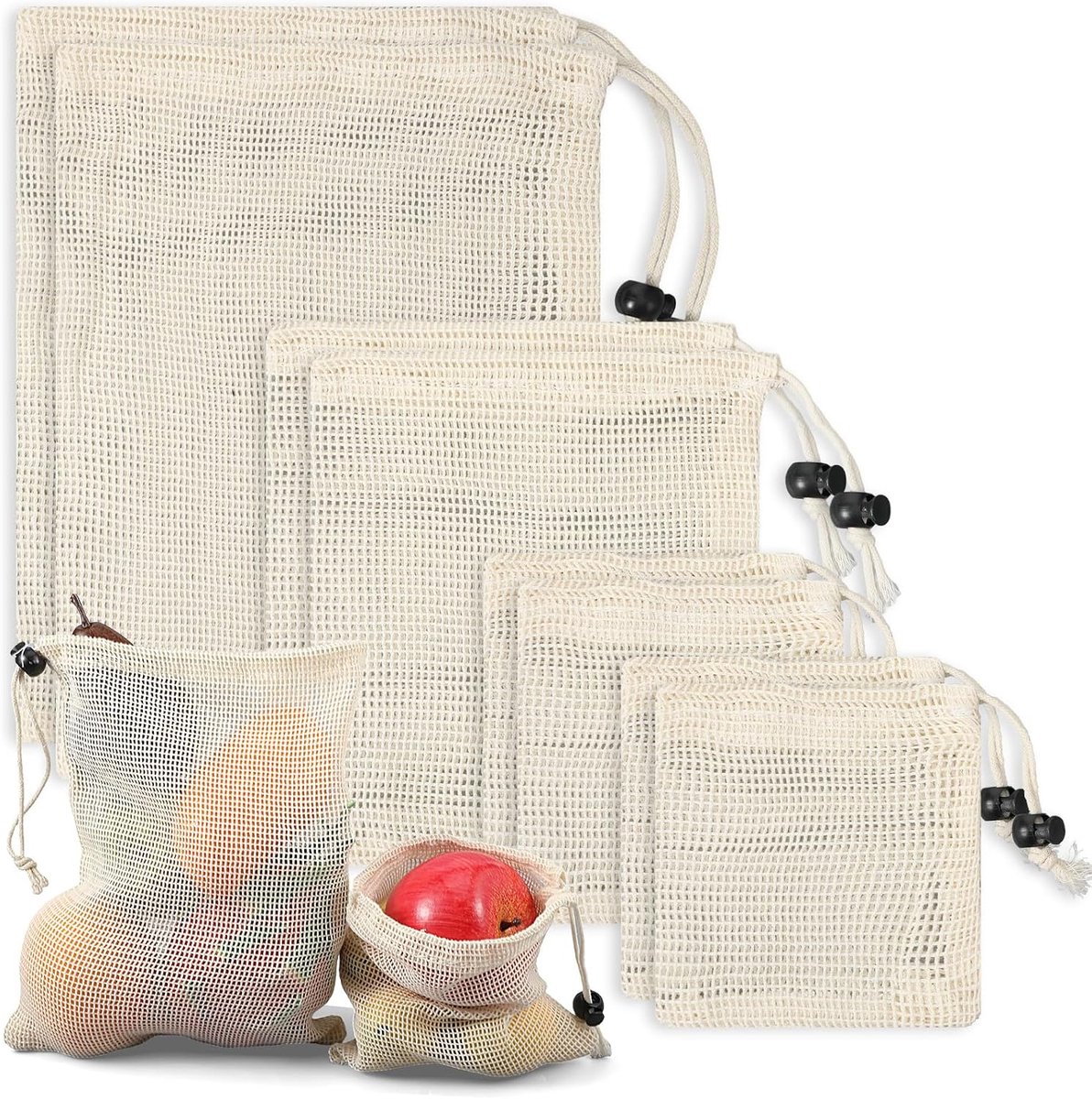 8 stuks fruit- en groentassen van katoen, fruitnet, boodschappennet