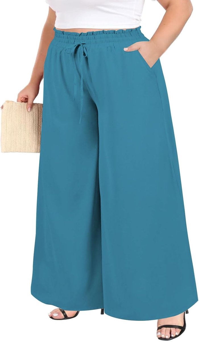 Wood Broek Dames Lange Zomer Wijde Pijpen Stoffen Palazzo Broek Hoge Taille Boho Damesbroek met Ruches en Zakken Grote Maten