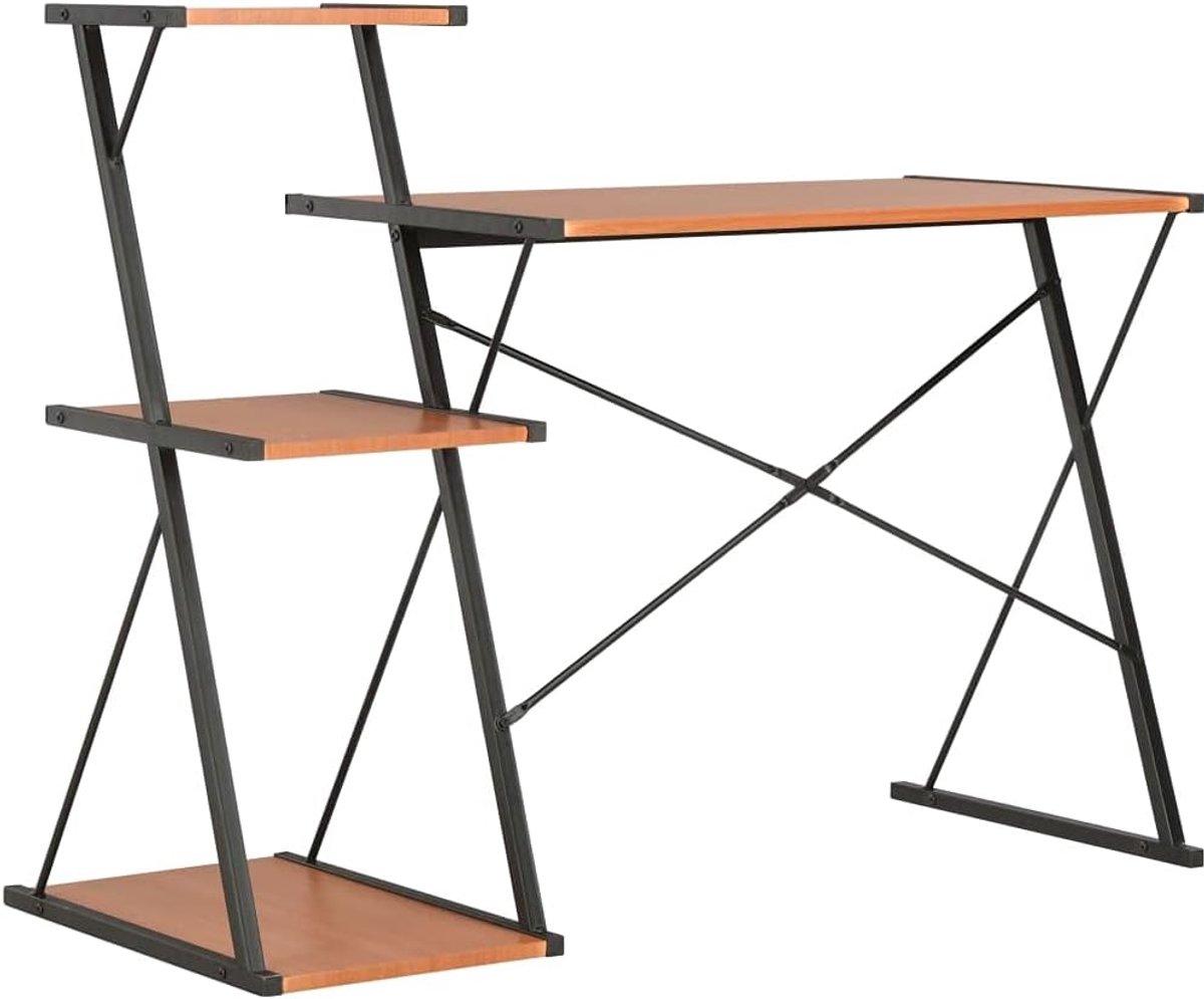 Bureau met plank computer tafel met X-vormige poten, werktafel, industrieel design, kantoormeubel, boekenrek, spaanplaat, zwart en bruin, 116 x 50 x 93 cm