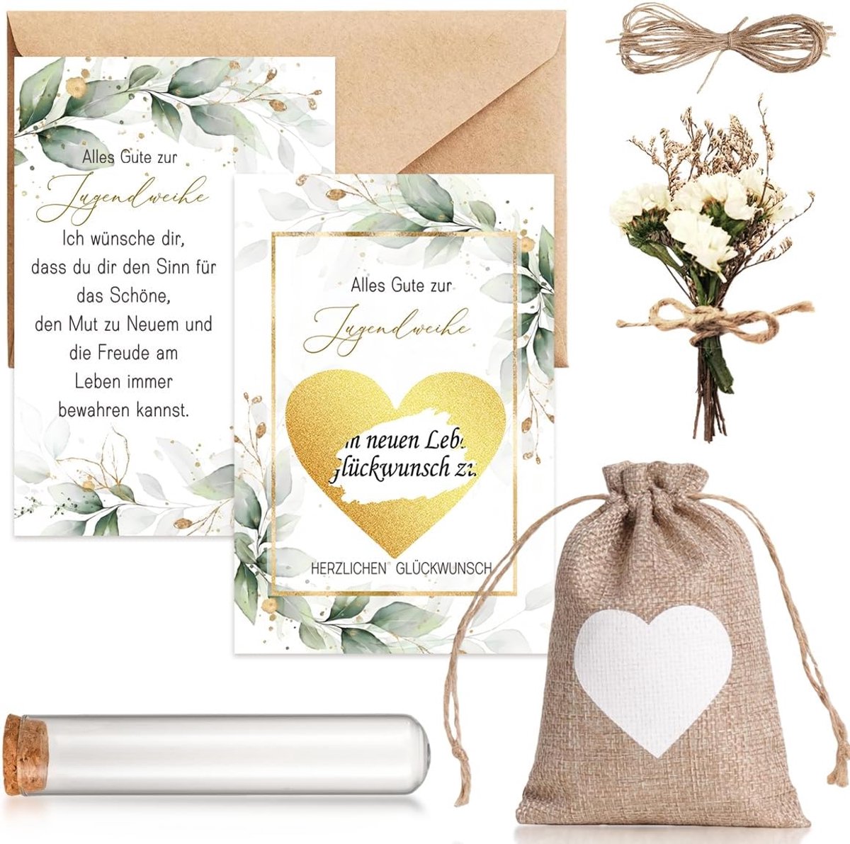 8 stuks jeugdwijdingsgeschenken voor jeugdwijding, wenskaarten, enveloppen, reageerbuis, droogbloemen, jutezak, henneptouw, krassticker, wensvulling, geldcadeau