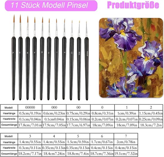Penselen Set 11 Stuks, Detailpenselen voor Acrylverf, Aquarel, Lak en Modelbouw, Dunne Verfkwasten voor Miniaturen, Canvas, Nail Art en Precisiewerk — afbeelding 2