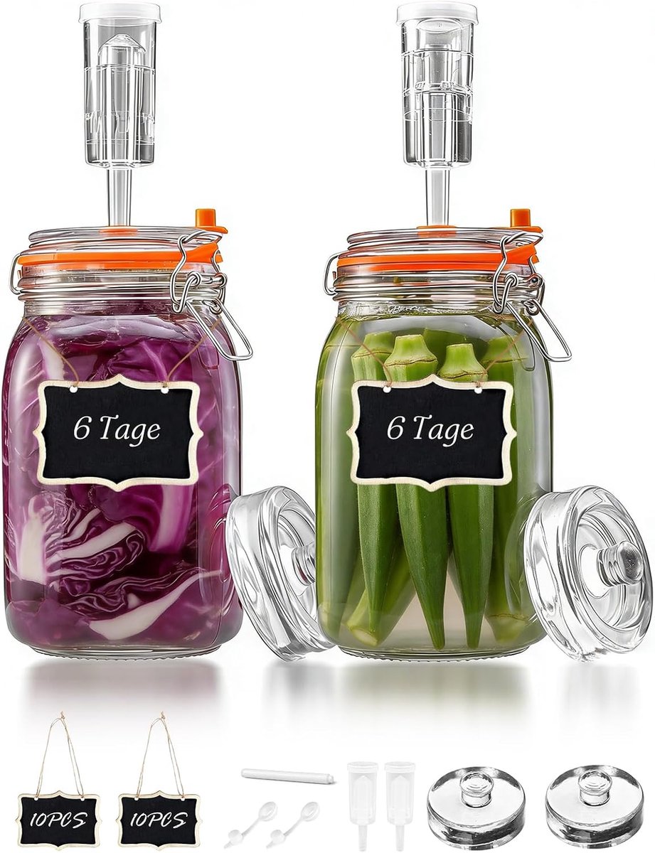 Fermenteglas, fermenteerglazen met fermentatieventiel en gewicht, 1,5 liter, set van 2 met ophangvoorziening van hout en een afwasbare pen, voor zuurkool, kombucha, komkommers en nog veel meer