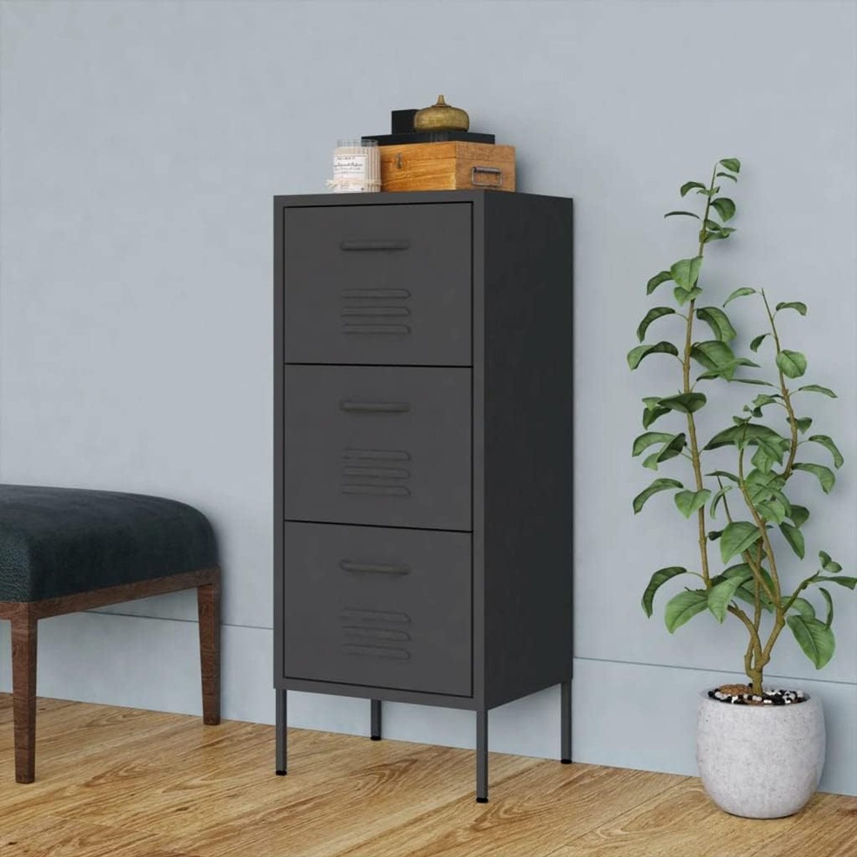 Commode, antraciet, 42,5 x 35 x 101,5 cm, ladekast met kogellagers, stalen kast voor kantoor en woonkamer
