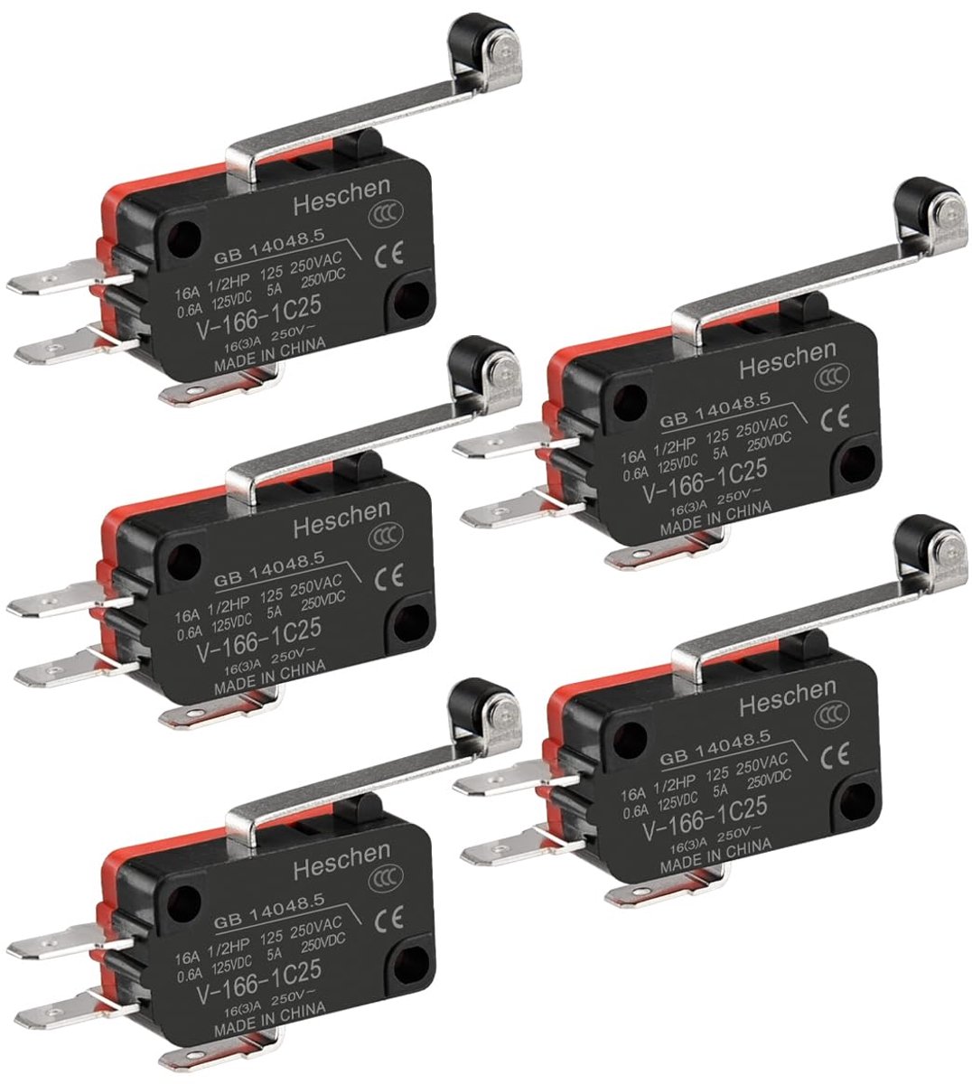 Heschen Micro Switch, V-166-1C25, SPDT, Long Roller Lever, 16A 250VAC, 5PCS