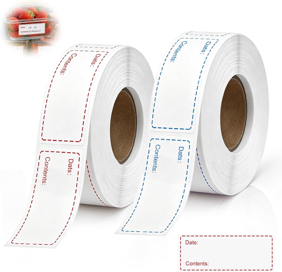2 rollen zelfklevende etiketten, 50 x 25 mm, vriesetiketten (rood en blauw)
