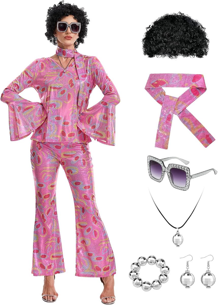 Disco-outfit voor dames, jaren 70, 9-delig, discokostuum met uitlopende broek, jaren 60 en 70 discoaccessoireset voor carnaval, Halloween, themafeest