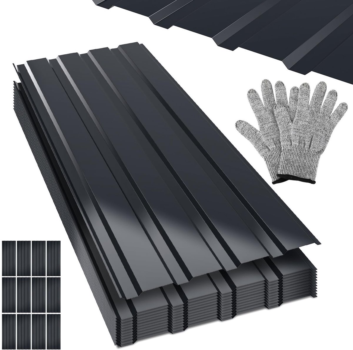 Trapeziumplaat, dakplaten, 115 x 45 cm, ca. 6,2 m², 0,25 mm, verzinkt metaal, voor carport, tuinhuis, schuur, incl. snijbestendige handschoenen, antraciet, 12 stuks