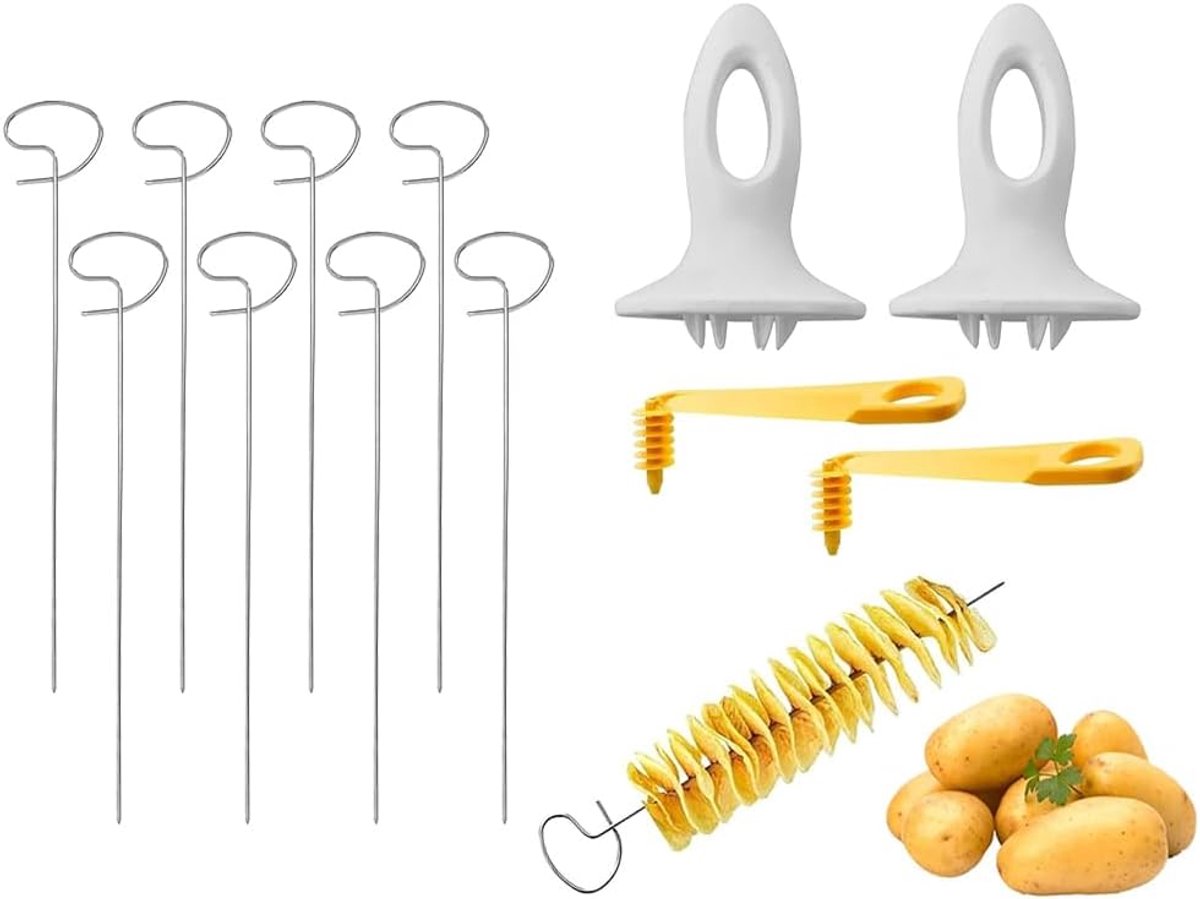 Spiraalchips, aardappelsnijder, spiraalsnijder, aardappelset, 8 staafjes + 2 kunststof handgrepen + 2 spiraalsnijders, roestvrij staal, aardappelspiralen, voor aardappelen, groenten