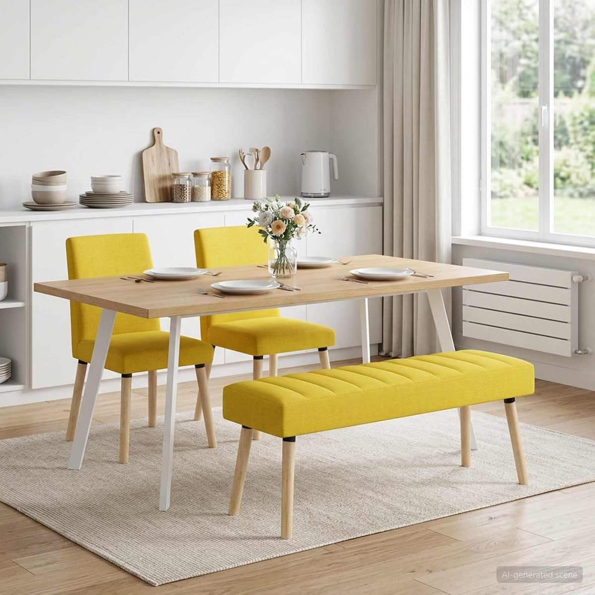 Gewatteerde bank, zachte stoffen bekleding in lichtgeel met kanaalstiksel, 110 x 40 x 46 cm, voor woonkamer, hal, entree of als stijlvolle zitbank in de slaapkamer