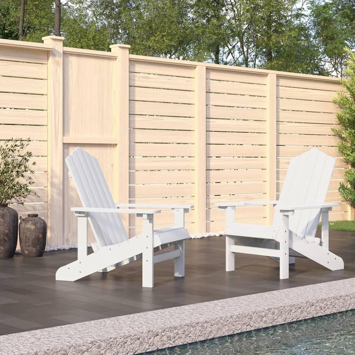 Tuinstoel, fauteuil in Adirondack-stijl, buitenstoel met brede armleuningen, stoel met schuine rugleuning van HDPE, 2 stuks, wit, 73 x 83 x 92 cm