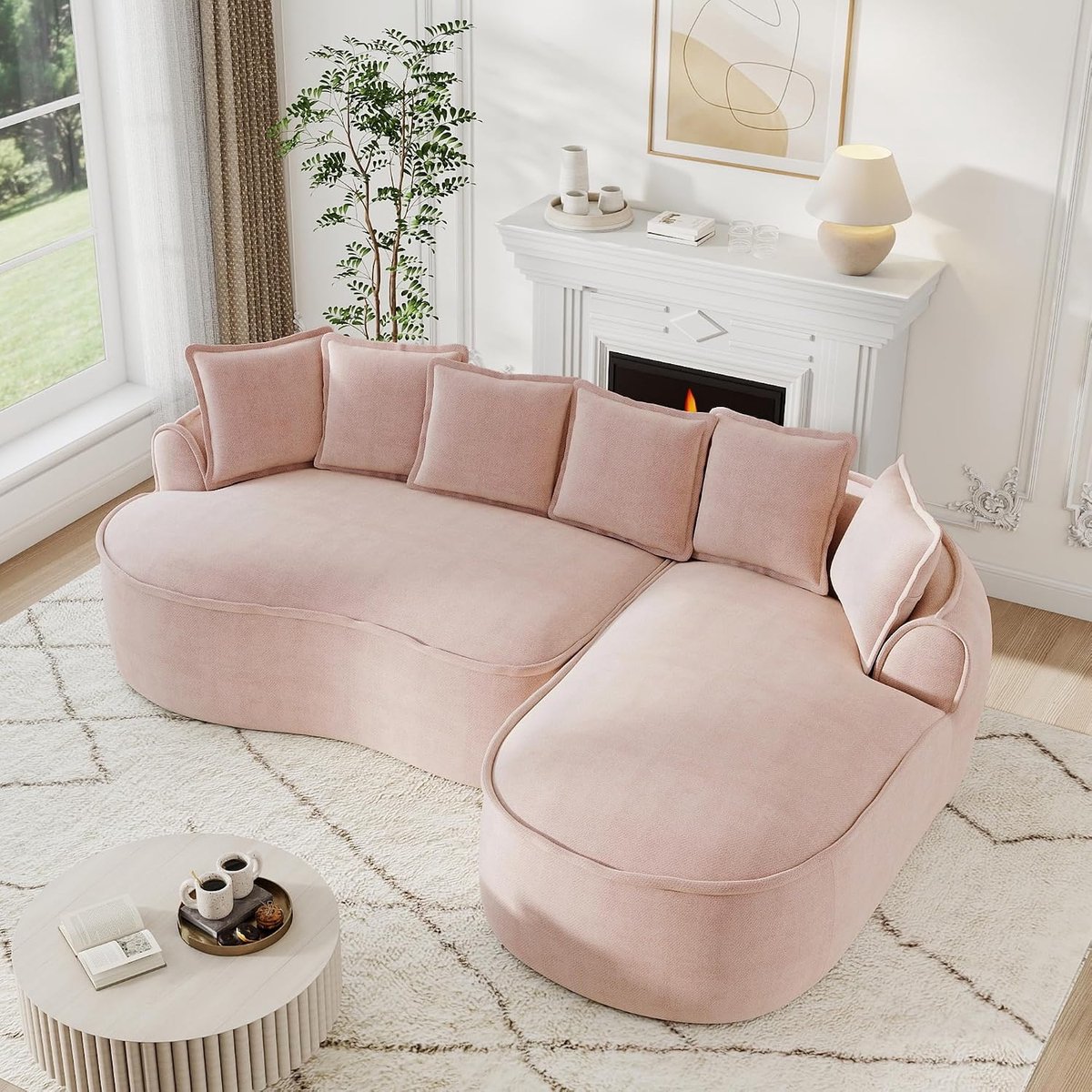 Frameless L-vormige modulaire hoekbank van chenille met extra diepe zitting en chaise longue, zonder montage, gebogen bank, boneless slaapbank, voor de woonkamer, roze, 3-zits R