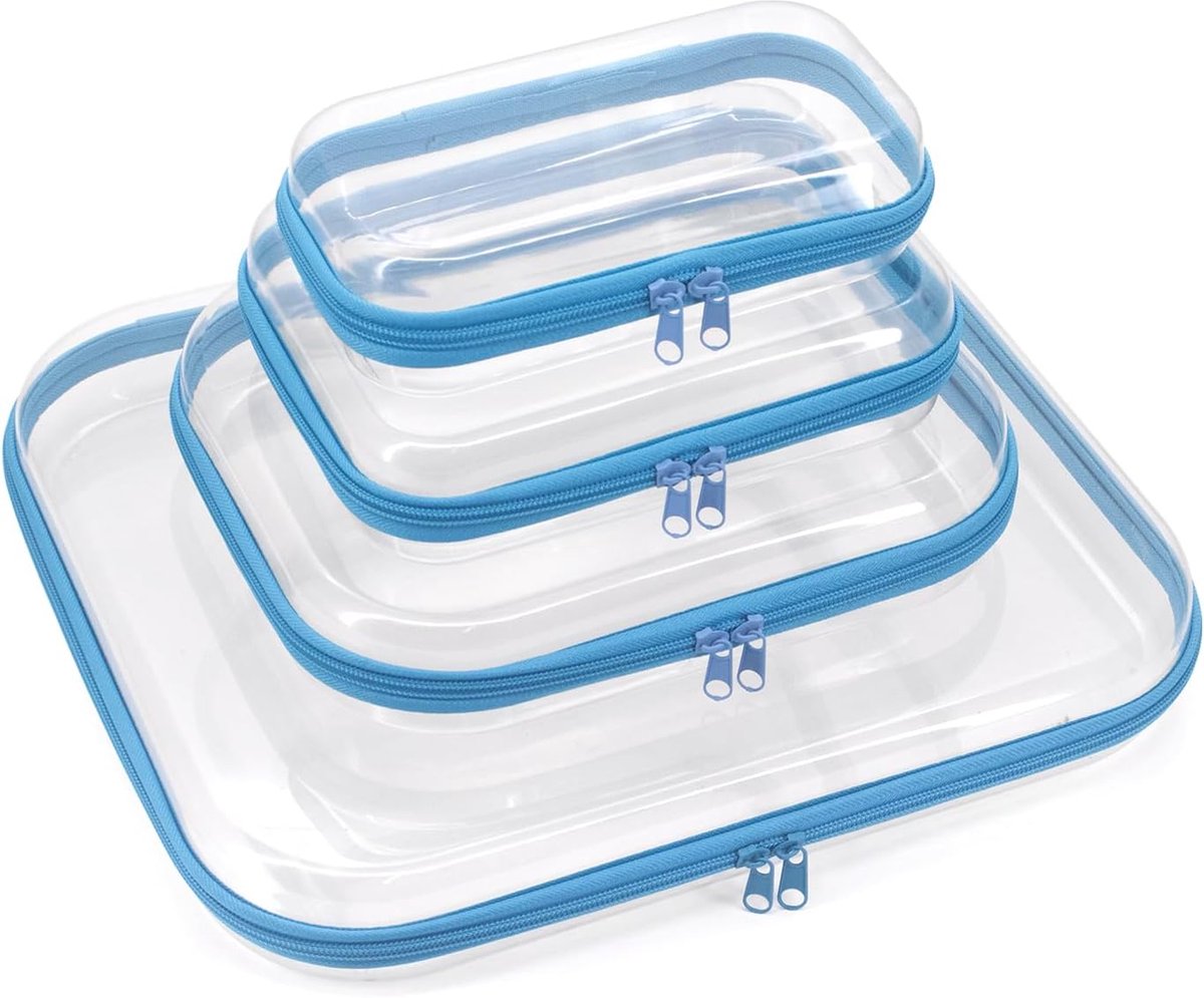 Set van 4 doorzichtige harde schaal reistassen met ritssluiting, waterdichte reistoilettas, doorzichtige harde schaal, speelgoedtassen met dubbele ritssluiting (blauw)