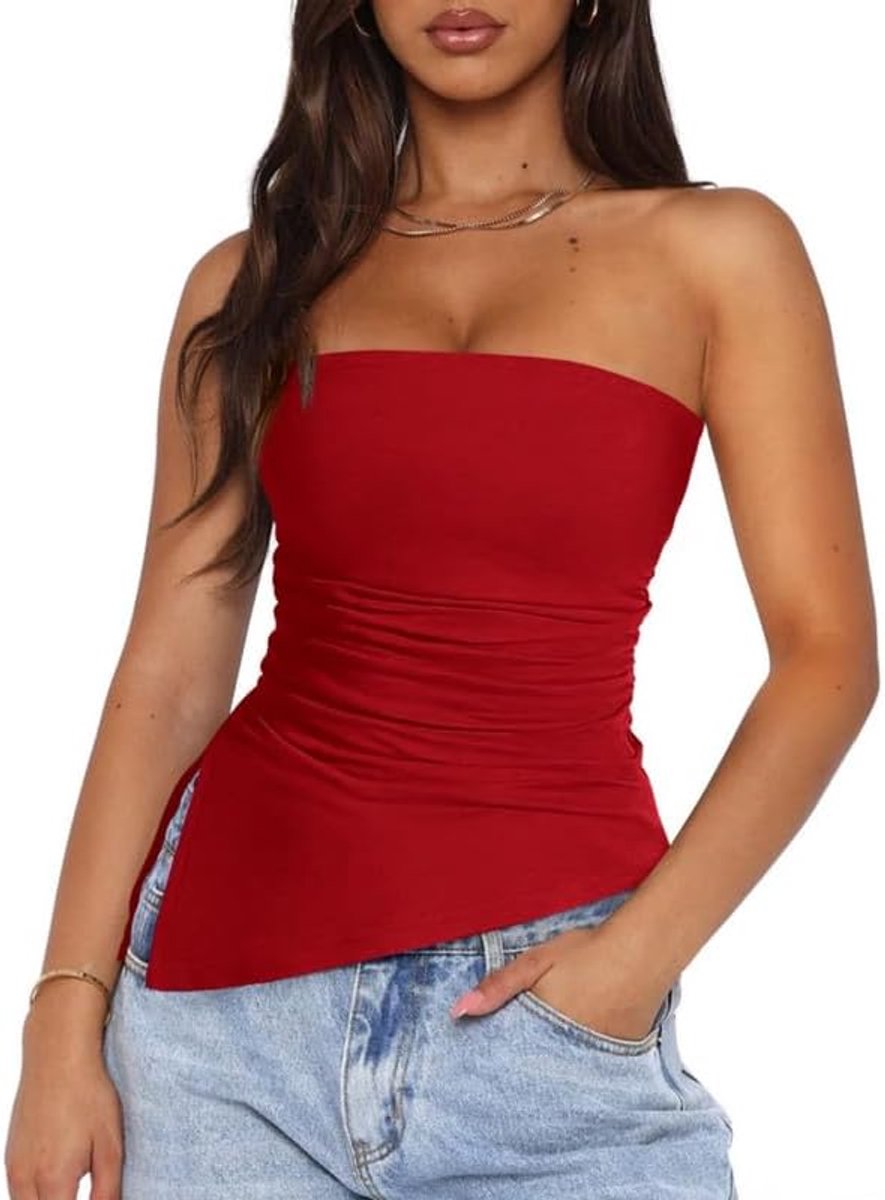 elegant, bandjes, tube-top, zomer, sexy, blote rug, mouwloos, tuniek, elastisch, slim fit, Y2K going out crop tops, zacht, geplooid, overhemd met zijsplit