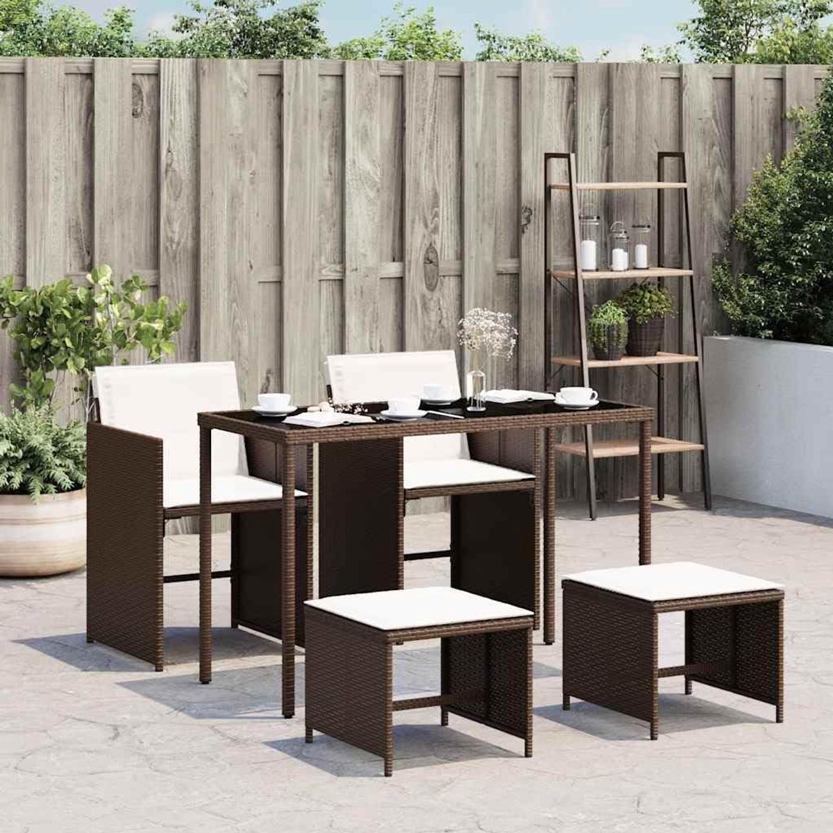 Poly rattan buiten eetset bruin glas