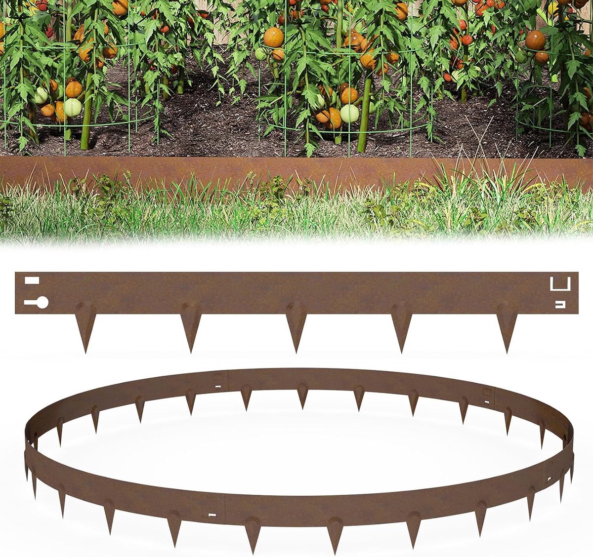Grasrand, gelegeerd metaal, 5,25 m, flexibele gazonrand, palissade, tuinbed met doornen, bloembedomranding voor erf, tuin, boerderij, bruin, 105 cm x 20 cm (l x h)