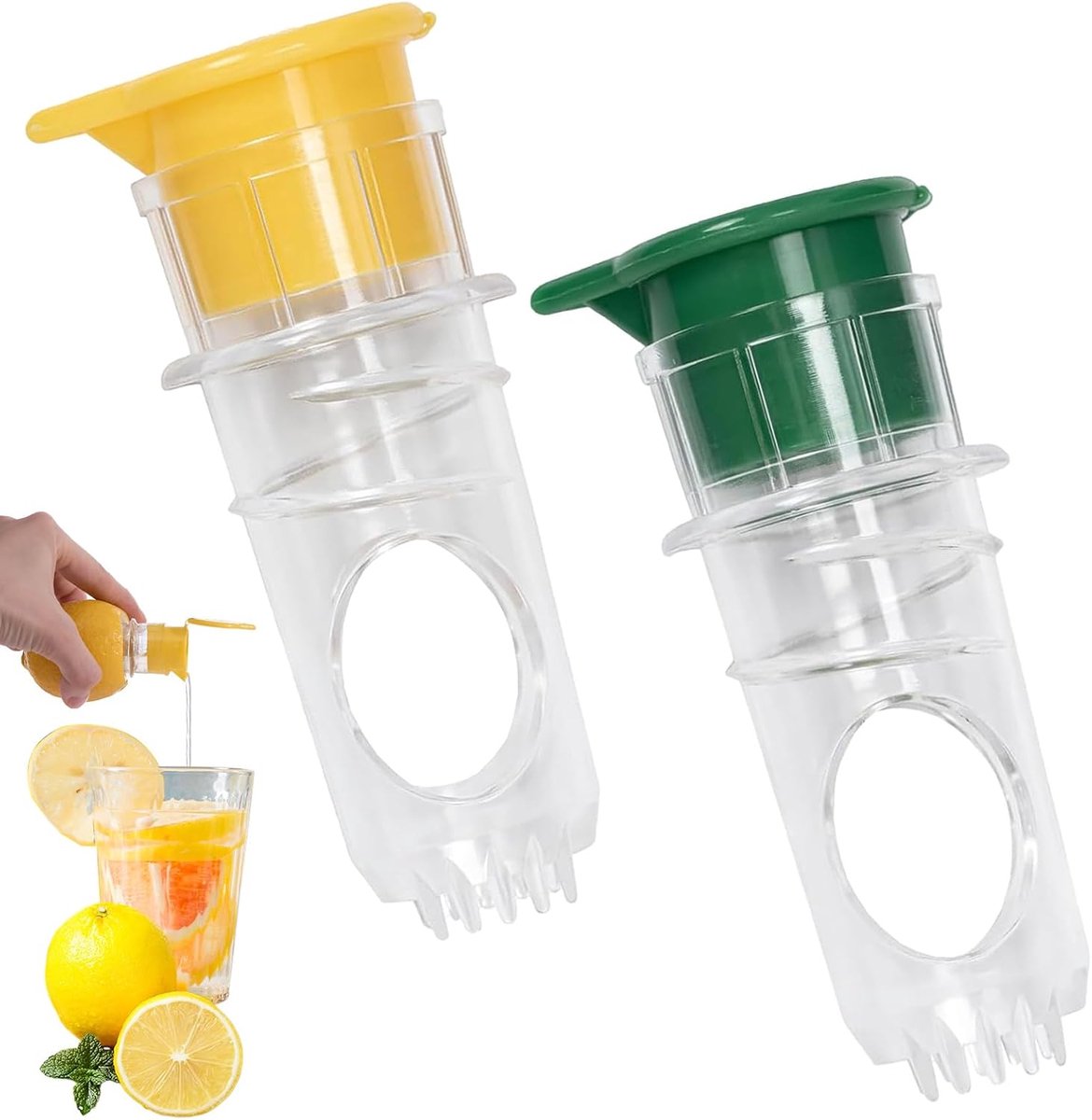 2 stuks citroenpers, handpers met deksel, citruspers, handdruk, citroenschenktuit voor sinaasappelsap, citroensap, keuken, bar en andere scenario's (geel en groen)
