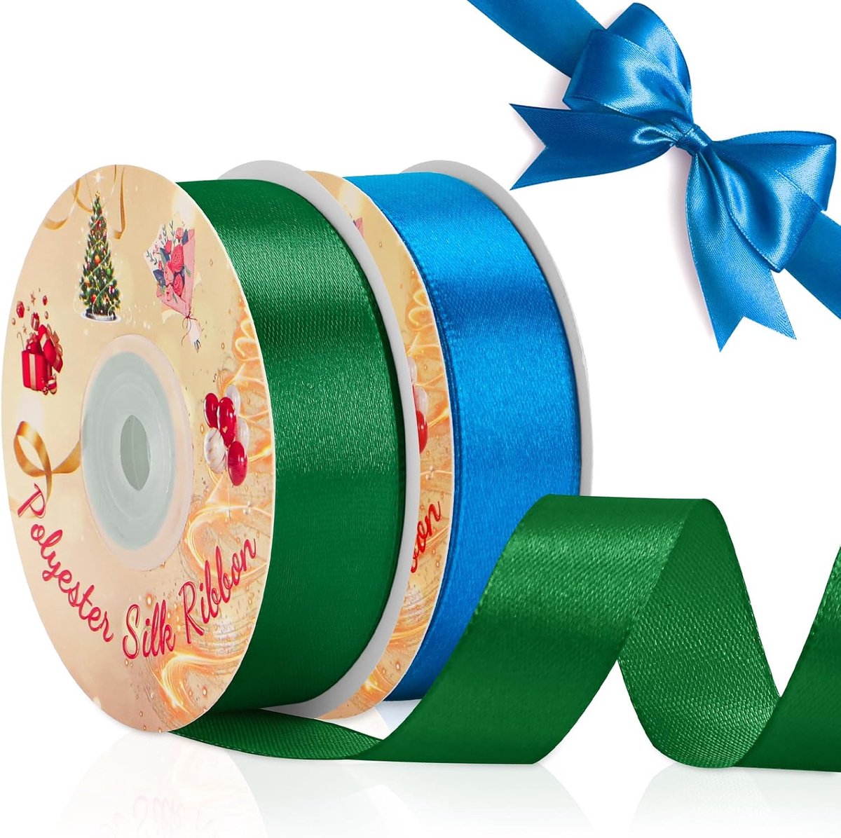 2 Rollen 20mm Breed Satijnen Lint, Blauw en Groen Satijnen Linten, 22M Éénzijdig Decoratie Linten, voor maken van Haarstrikken, Bruiloftsfeest, Verjaardag