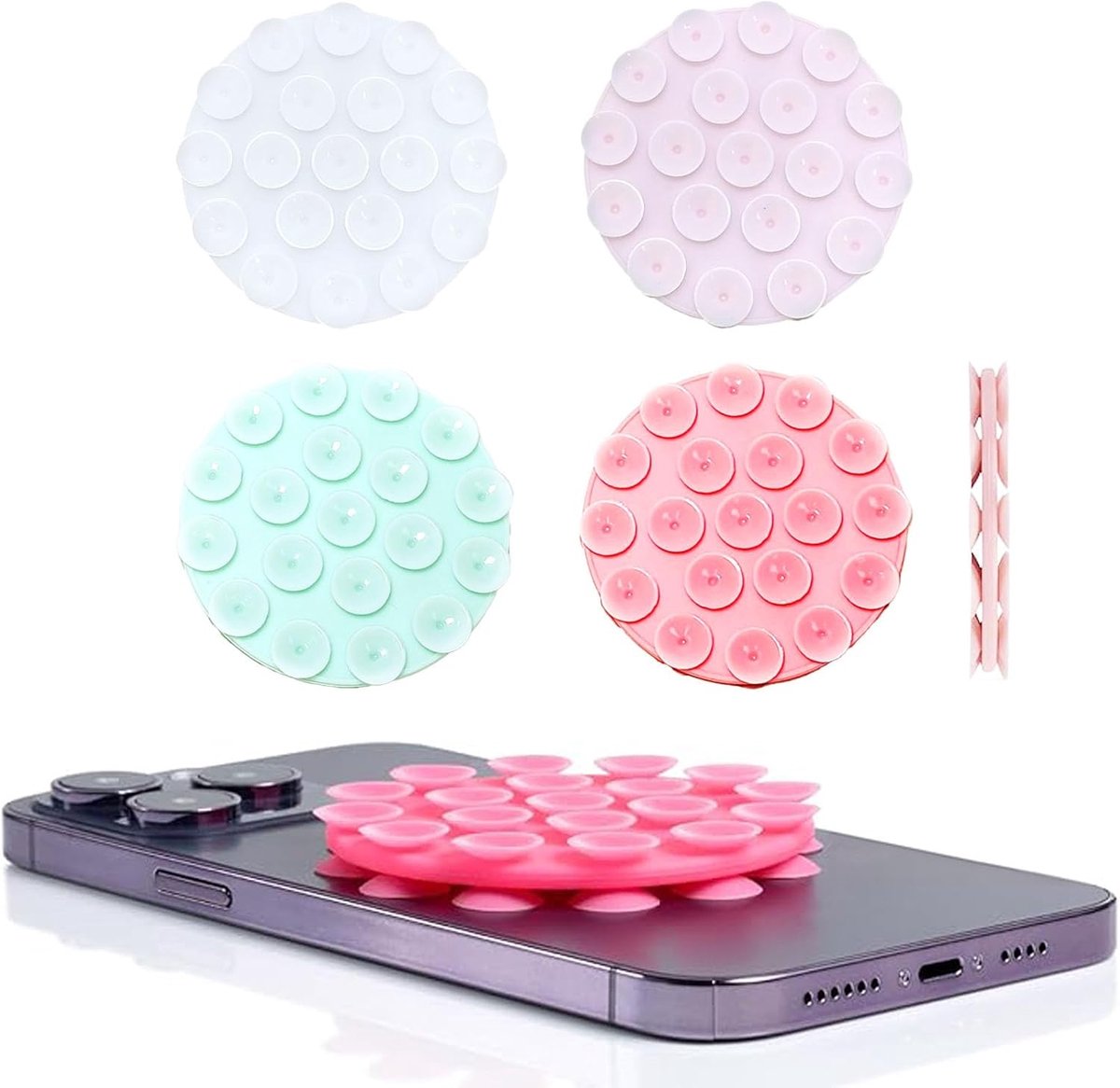 Set van 4 telefoonhouder met zuignap, ronde antislip siliconen houder voor alle smartphones, zelfklevend, afneembaar (7,5 cm), ideaal voor video-opnames, fitness, keuken en spiegel (roze, groen)