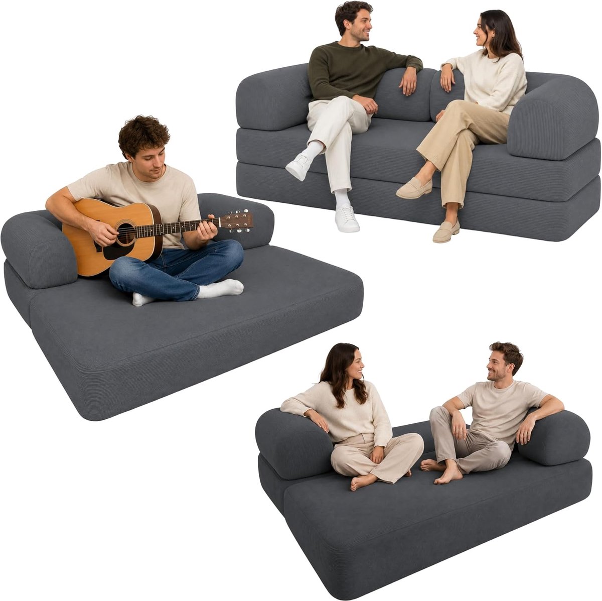 Bananair - Bank 2-zits, modulaire slaapbank van schuim met hoge dichtheid en corduroy, Boneless Couch, gecomprimeerd geleverd (antracietgrijs)