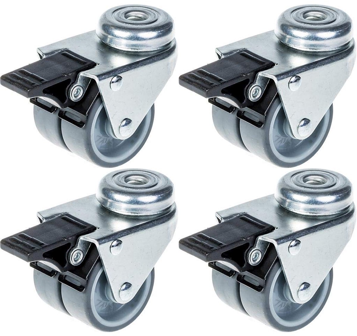 50mm 2" twin wheel castor grijs rubber swivel met rem 280kg capaciteit, set van 4