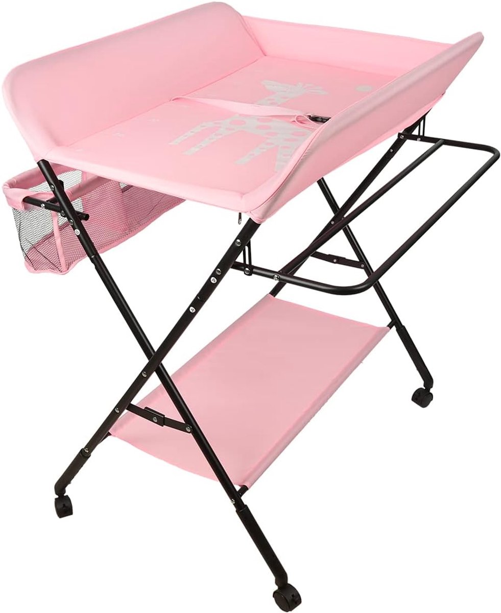 Exclusieve en inklapbare luiertafel in hoogte verstelbaar, Inklapbare luiertafel, Verrijdbaar aankleedkussen in grijs voor baby's met Rollen-80 * 66 * 98cm (donkerroze)