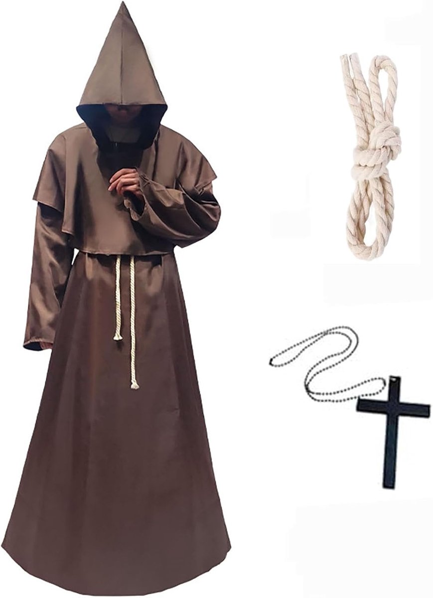 kostuum voor heren, priester, monnikgewaad, kostuum, Halloween, cosplay, middeleeuwse cape, kostuums met capuchon voor volwassenen