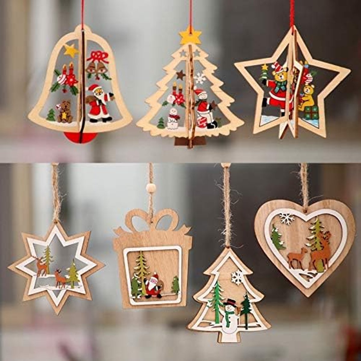 Kunstkerstboom 1pc 2D 3D Kerst Ornament Houten Hangende Hangers Star Xmas Tree Bell Kerstversiering for Home Party Nieuwjaar Navidad (Color : Grijs)