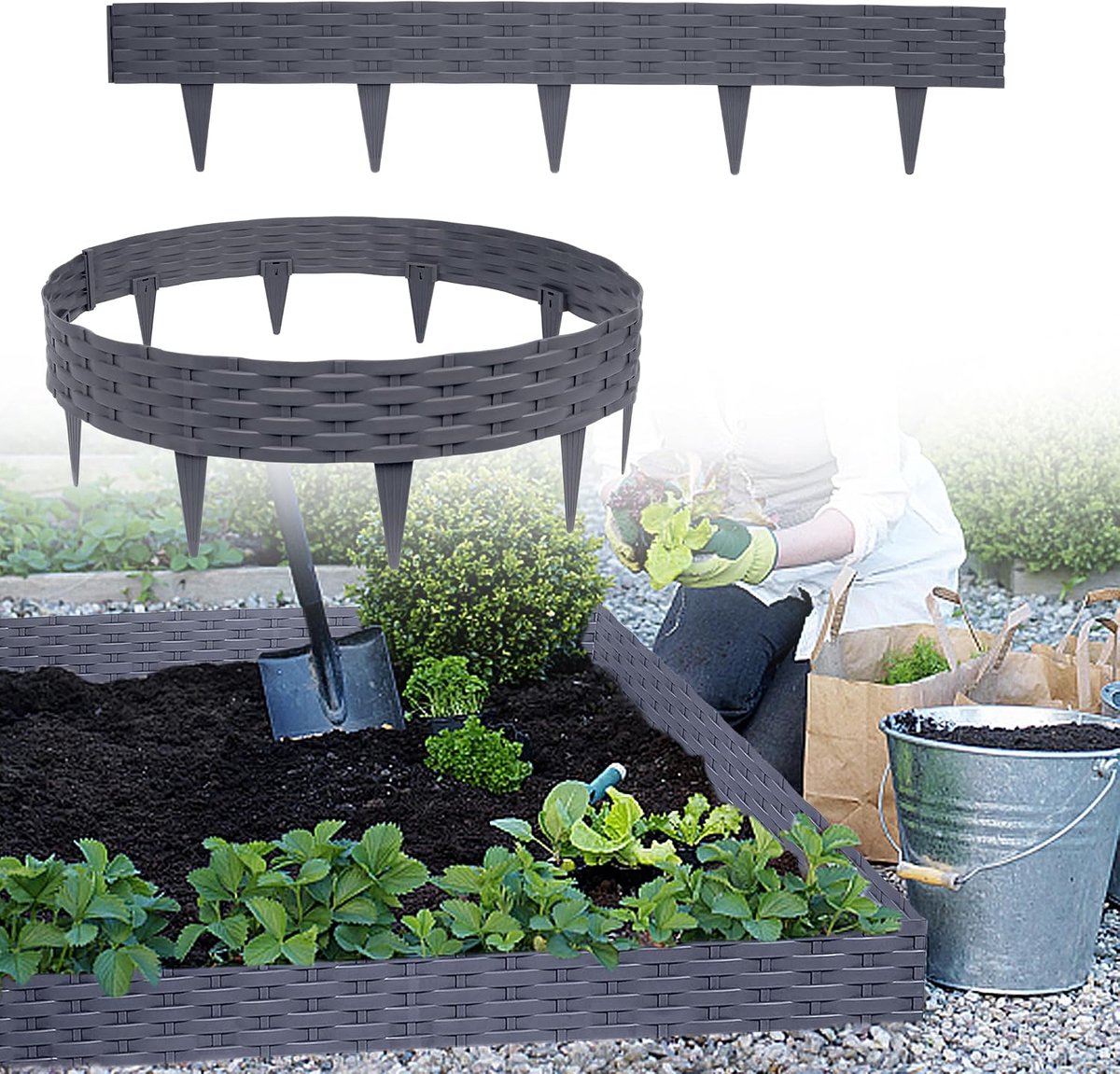 Kunststof, bloembedomranding, doe-het-zelf rotan-look, tuinpalissade voor decoratie, tuinhek, moestuin, gazon (10 m, 10 stuks, grijs)