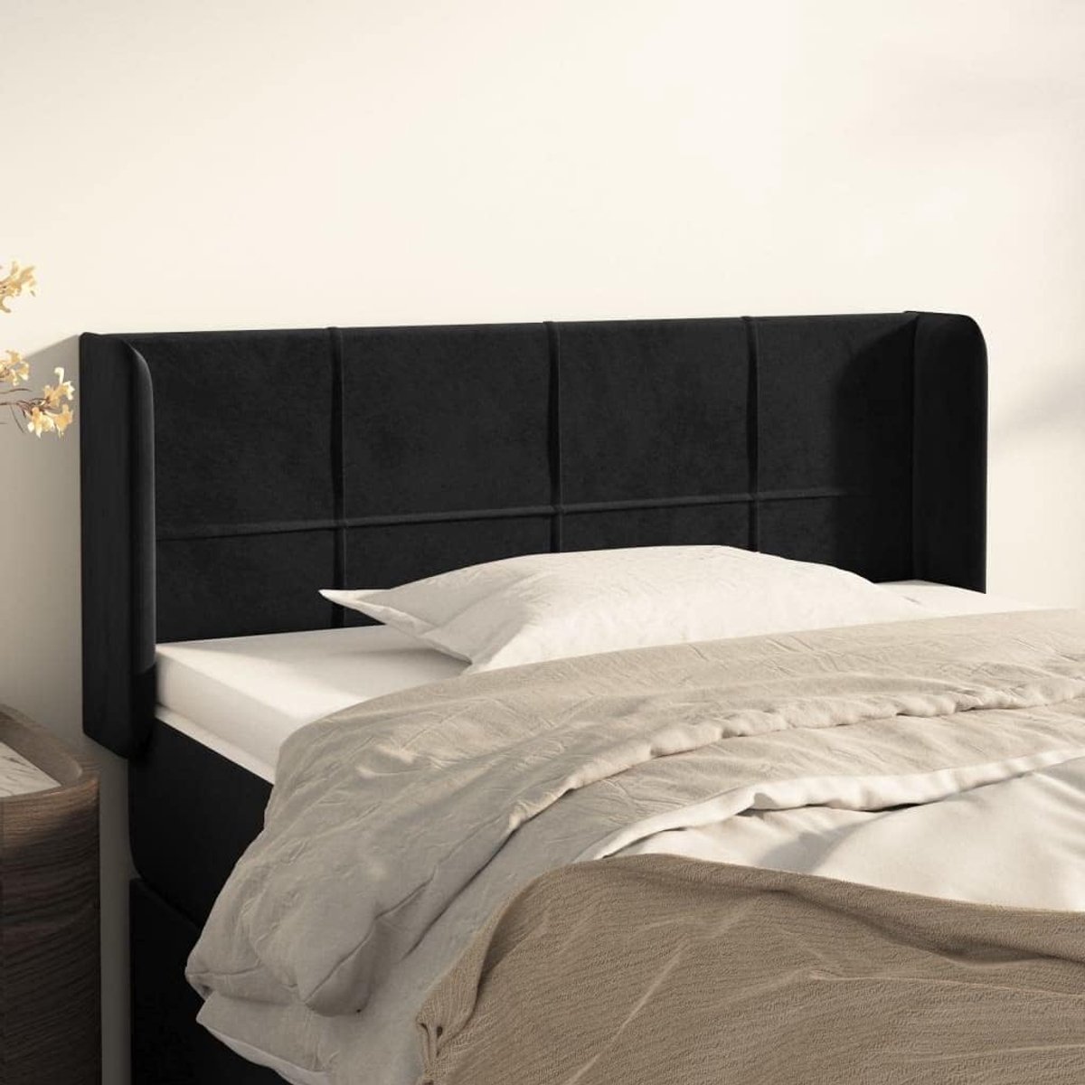 Hoofdbord met oren, zwart, 103 x 16 x 78/88 cm, fluweel, voor de slaapkamer, hotelhoofdeinde, werkkamer, voor slaapkamer, tweede slaapkamer, hotel