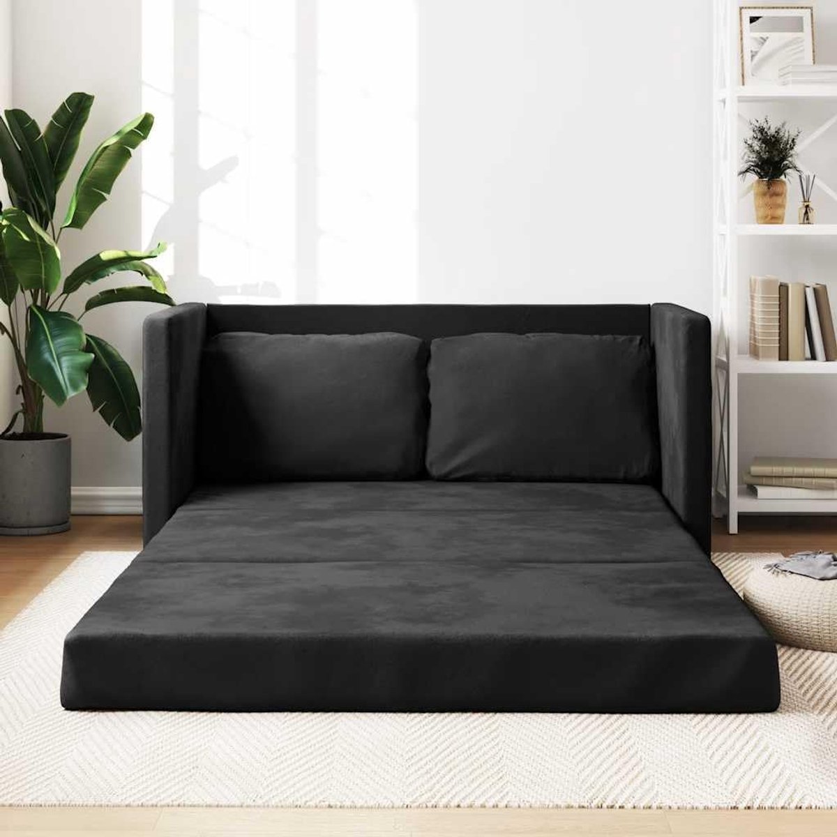 Vloerbank met slaapfunctie als 2-in-1 zitgelegenheid en tweepersoonsbed in zwart, 122 x 204 x 55 cm, fluwelen bekleding, opvouwbaar metalen frame voor stabiliteit, zacht zitkussen