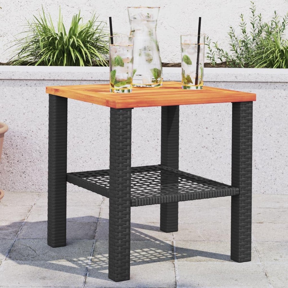 Tuintafel, eettafel, tuinmeubelen, tafel, tuin, terras, camping, balkontafel, buffettafel, zwart, 40 x 40 x 42 cm, polyrotan acaciahout